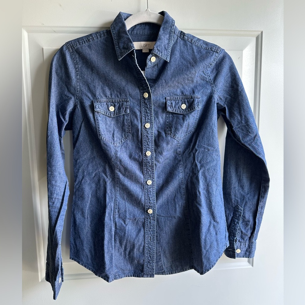 LOFT Indigo Denim Chambray Shirt with Button Detail